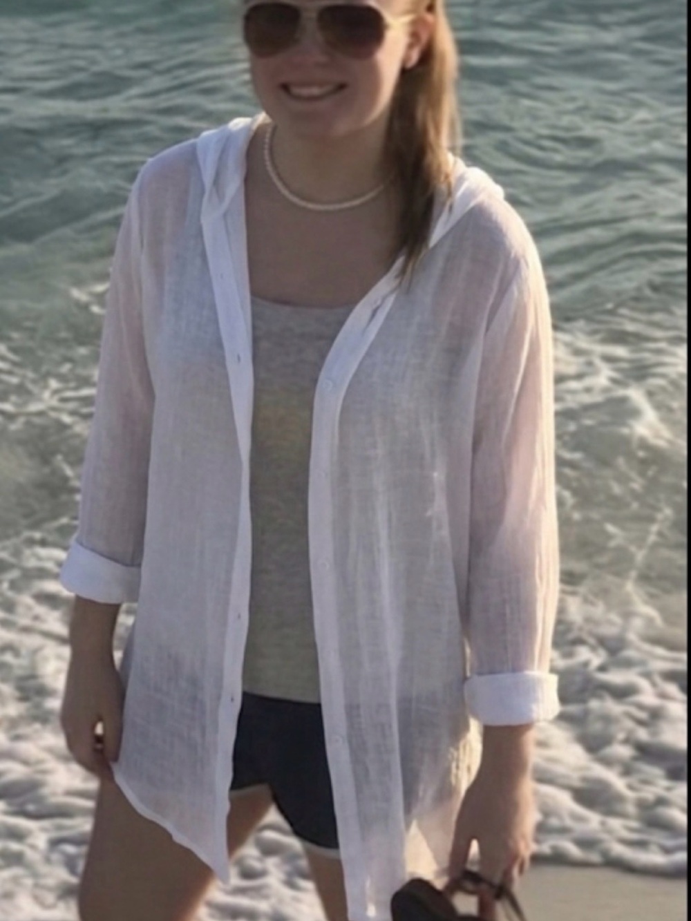 Sheer White Button-Front Hooded Cover Up